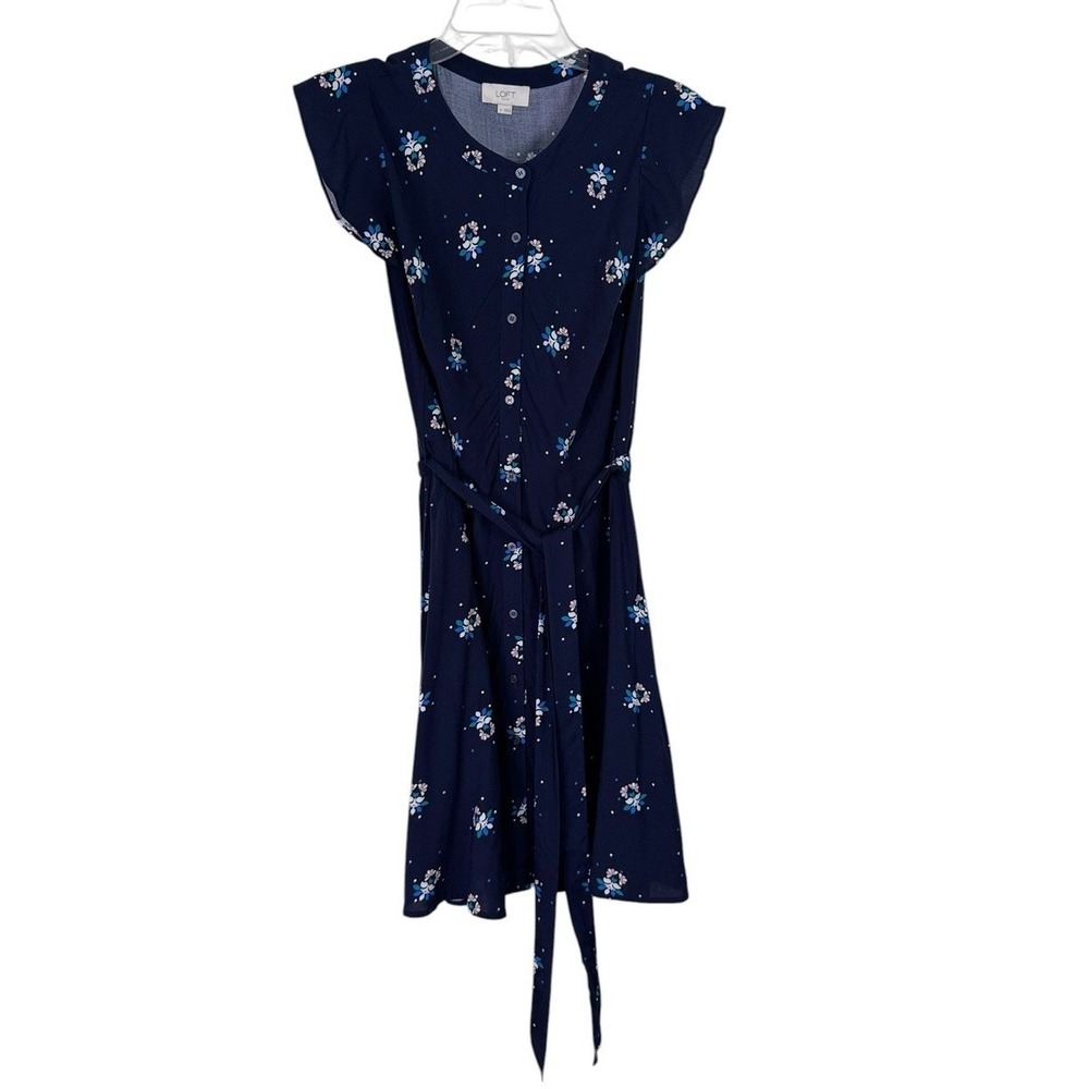 Loft Womens Dress Blue Floral Print Size 4 Short Ruffle Sleeve Button Front Belt